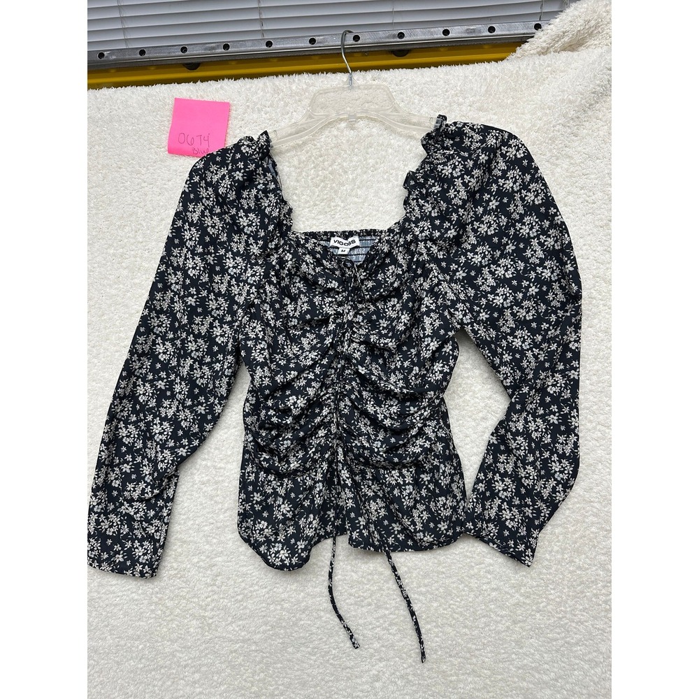 Vigoss Women Black Floral Ruched Front Smocked Back Long Sleeve Top Size M